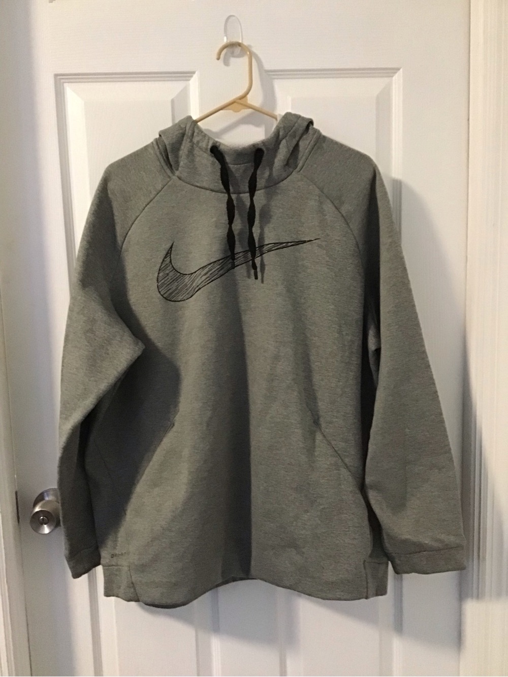 Nike Gray Pullover Hoodie with Black Swoosh and Drawstrings